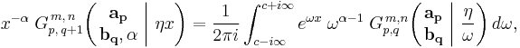 
x^{- \alpha} \; G_{p,\,q%2B1}^{\,m,\,n} \!\left( \left. \begin{matrix} \mathbf{a_p} \\ \mathbf{b_q}, \alpha \end{matrix} \; \right| \, \eta x \right) = 
\frac{1}{2 \pi i} \int_{c - i \infty}^{c %2B i \infty} e^{\omega x} \; \omega^{\alpha - 1} \; G_{p,q}^{\,m,n} \!\left( \left. \begin{matrix} \mathbf{a_p} \\ \mathbf{b_q} \end{matrix} \; \right| \, \frac{\eta}{\omega} \right) d\omega,
