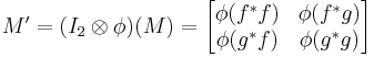 
M' = (I_2 \otimes \phi)(M) =
\begin{bmatrix}
\phi(f^*f) & \phi(f^* g) \\
\phi(g^*f) & \phi(g^*g)
\end{bmatrix}
