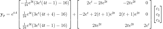 \mathbf{y}_p = e^{tA}\begin{bmatrix}
-{1 \over 24}e^{3t}(3e^t(4t-1)-16) \\  \\
{1 \over 24}e^{3t}(3e^t(4t%2B4)-16) \\  \\
{1 \over 24}e^{3t}(3e^t(4t-1)-16)\end{bmatrix}%2B
\begin{bmatrix} 
     2e^t - 2te^{2t} & -2te^{2t}    & 0 \\  \\
-2e^t %2B 2(t%2B1)e^{2t} & 2(t%2B1)e^{2t} & 0 \\  \\
            2te^{2t} & 2te^{2t}     & 2e^t\end{bmatrix}\begin{bmatrix}c_1 \\c_2 \\c_3\end{bmatrix}