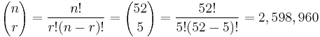 {n\choose r} = {{n!} \over {r!(n - r)!}} = {52 \choose 5} = {{52!} \over {5!(52 - 5)!}} = 2,598,960