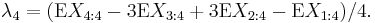 
\lambda_4 = (\mathrm{E}X_{4:4} - 3\mathrm{E}X_{3:4}  %2B 3\mathrm{E}X_{2:4} - \mathrm{E}X_{1:4})/4.
