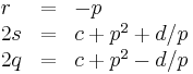 
  \begin{array}{lcl}
  r & = & -p \\
 2s & = & c %2B p^2 %2B d/p \\
 2q & = & c %2B p^2 - d/p
  \end{array}
 