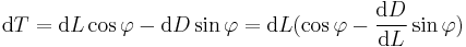 \mbox{d}T = \mbox{d}L\cos\varphi-\mbox{d}D\sin\varphi = \mbox{d}L(\cos\varphi-\frac{\mbox{d}D}{\mbox{d}L}\sin\varphi)