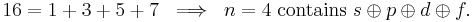 
16 = 1 %2B 3 %2B 5 %2B7 \;\; \Longrightarrow\;\;  n=4\;\hbox{contains}\; s\oplus p\oplus d\oplus f.
