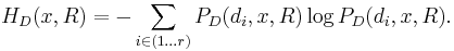  H_{D}(x,R) = -\sum_{i \in (1\dots r)} P_{D}(d_i,x,R) \log P_{D}(d_i,x,R).