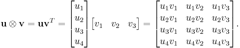 \mathbf{u} \otimes \mathbf{v} = \mathbf{u} \mathbf{v}^T =
\begin{bmatrix}u_1 \\ u_2 \\ u_3 \\ u_4\end{bmatrix}
\begin{bmatrix}v_1 & v_2 & v_3\end{bmatrix} =
\begin{bmatrix}u_1v_1 & u_1v_2 & u_1v_3 \\ u_2v_1 & u_2v_2 & u_2v_3 \\ u_3v_1 & u_3v_2 & u_3v_3 \\ u_4v_1 & u_4v_2 & u_4v_3\end{bmatrix}.