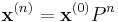 
    \mathbf{x}^{(n)} = \mathbf{x}^{(0)} P^n 
