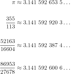 \begin{align}\pi & \approx 3.141\ 592\ 653\ 5\dots \\
\\
\frac{355}{113} & \approx 3.141\ 592\ 920\ 3\dots \\
\\
\frac{52163}{16604} & \approx 3.141\ 592\ 387\ 4\dots \\
\\
\frac{86953}{27678} & \approx 3.141\ 592\ 600\ 6\dots\end{align}