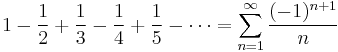 1 - {1 \over 2} %2B {1 \over 3} - {1 \over 4} %2B {1 \over 5} - \cdots =\sum\limits_{n=1}^\infty {(-1)^{n%2B1}  \over n}