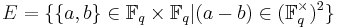 E=\{\{a,b\}\in \mathbb{F}_q\times\mathbb{F}_q|(a-b)\in (\mathbb{F}_q^{\times})^2 \}