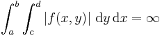 \int_a^b\int_c^d \left|f(x,y)\right|\,\text{d}y\,\text{d}x=\infty