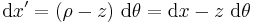 \mathrm{d}x' = (\rho-z)~\mathrm{d}\theta = \mathrm{d}x - z~\mathrm{d}\theta