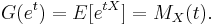 G(e^t)  = E[e^{tX}] = M_X(t).\,