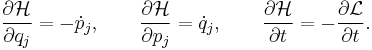 
\frac{\partial \mathcal{H}}{\partial q_j} = - \dot{p}_j, \qquad
\frac{\partial \mathcal{H}}{\partial p_j} = \dot{q}_j, \qquad
\frac{\partial \mathcal{H}}{\partial t  } = - {\partial \mathcal{L} \over \partial t}.
