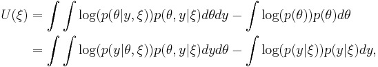 
\begin{alignat}{2}
 U(\xi) & = \int{\int{\log(p(\theta | y,\xi))p(\theta, y | \xi)d\theta}dy} - \int{\log(p(\theta))p(\theta)d\theta} \\
      & = \int{\int{\log(p(y | \theta,\xi))p(\theta, y | \xi)dy}d\theta} - \int{\log(p(y| \xi))p(y| \xi)dy} ,
\end{alignat}
\, 