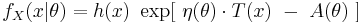  f_X(x|\theta) = h(x)\ \exp[\ \eta(\theta) \cdot T(x)\ -\ A(\theta)\ ]