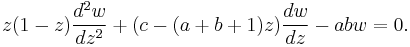 z(1-z)\frac{d^2w}{dz^2}%2B(c-(a%2Bb%2B1)z)\frac{dw}{dz}-abw = 0.