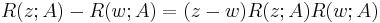 R(z; A) - R(w; A) = (z-w) R(z;A) R(w;A)\,