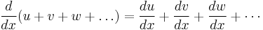 \frac{d}{dx}(u %2B v %2B w %2B \dots)=\frac{du}{dx}%2B\frac{dv}{dx}%2B\frac{dw}{dx}%2B\cdots