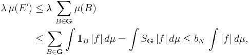 \begin{align}
\lambda \, \mu(E') &\le \lambda \, \sum_{B \in \mathbf{G}} \mu(B)\\
&\le \sum_{B \in \mathbf{G}} \int \mathbf{1}_B \, |f| \, d\mu = \int S_{\mathbf {G}} \, |f| \, d\mu \le b_N \, \int |f| \, d\mu,
\end{align}