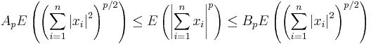  A_{p}E\left(  \left(  \sum_{i=1}^{n}\left\vert x_{i}\right\vert ^{2}\right) _{{}}^{p/2}\right)  \leq E\left(  \left\vert \sum_{i=1}^{n}x_{i}\right\vert ^{p}\right)  \leq B_{p}E\left(  \left(  \sum_{i=1}^{n}\left\vert x_{i}\right\vert ^{2}\right)  _{{}}^{p/2}\right) 