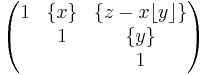 \begin{pmatrix} 1 & \{x\} & \{z-x \lfloor y \rfloor \} \\ & 1 & \{y\} \\ & & 1\end{pmatrix}