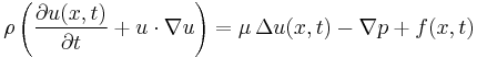 
\rho
\left(\frac{\partial{u}({x},t)}{\partial{t}} %2B {u}\cdot\nabla{u}\right)
= \mu\, \Delta u(x,t) -\nabla p %2B f(x,t) 
