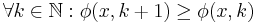  \forall k \in \mathbb{N}�: \phi(x,k%2B1) \geq \phi(x,k) 