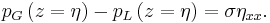 p_G\left(z=\eta\right)-p_L\left(z=\eta\right)=\sigma\eta_{xx}.\,