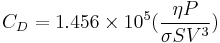 C_D = 1.456 \times 10^5 (\frac{\eta P}{\sigma S V^3})