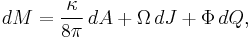 dM = \frac{\kappa}{8\pi}\,dA%2B\Omega\, dJ%2B\Phi\, dQ,