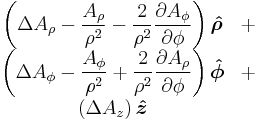 \begin{matrix}
  \displaystyle\left(\Delta A_\rho - {A_\rho \over \rho^2} 
    - {2 \over \rho^2}{\partial A_\phi \over \partial \phi}\right) \boldsymbol{\hat \rho} & %2B \\
  \displaystyle\left(\Delta A_\phi - {A_\phi \over \rho^2} 
    %2B {2 \over \rho^2}{\partial A_\rho \over \partial \phi}\right) \boldsymbol{\hat\phi} & %2B \\
  \displaystyle\left(\Delta A_z \right) \boldsymbol{\hat z}  & \ \end{matrix}