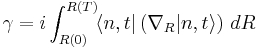 \gamma = i\int_{R(0)}^{R(T)} \! \langle n,t| \left( \nabla_R |n,t\rangle \right)\,dR \, 