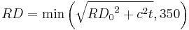 RD = \min\left(\sqrt{{RD_0}^2 %2B c^2 t},350\right)