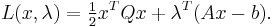 L(x,\lambda) = \tfrac{1}{2} x^{T}Qx %2B \lambda^{T}(Ax-b). 