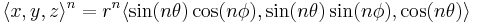 \langle x, y, z\rangle^n = r^n\langle\sin(n\theta)\cos(n\phi),\sin(n\theta)\sin(n\phi),\cos(n\theta)\rangle