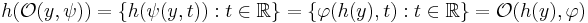 h(\mathcal{O}(y,\psi)) = \{h(\psi(y,t)): t\in\mathbb{R}\} = \{\varphi(h(y),t):t\in\mathbb{R}\}= \mathcal{O}(h(y),\varphi)