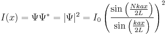 I(x)=\Psi \Psi^*=|\Psi|^2=I_0\left( \frac{\sin\left(\frac{Nkax}{2L}\right)}{\sin\left(\frac{kax}{2L}\right)}\right)^2 