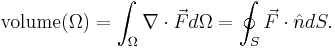 
\text{volume}(\Omega) = \int_\Omega \nabla\cdot\vec F d\Omega = \oint_S \vec F \cdot \hat n dS.
