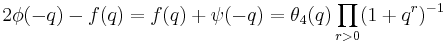 \displaystyle 2\phi(-q)-f(q) =f(q)%2B\psi(-q) = \theta_4(q)\prod_{r>0}(1%2Bq^r)^{-1}