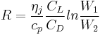 R=\frac{\eta_j}{c_p} \frac{C_L}{C_D} ln \frac{W_1}{W_2}