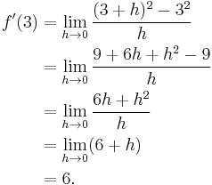 \begin{align}f'(3) &=\lim_{h \to 0}{(3%2Bh)^2 - 3^2\over{h}} \\
&=\lim_{h \to 0}{9 %2B 6h %2B h^2 - 9\over{h}} \\
&=\lim_{h \to 0}{6h %2B h^2\over{h}} \\
&=\lim_{h \to 0} (6 %2B h) \\
&= 6.
\end{align}
