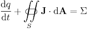  \frac{{\rm d}q}{{\rm d}t} %2B \iint\limits_{S}\!\!\!\!\!\!\!\!\!\!\!\subset\!\supset \mathbf{J} \cdot {\rm d}\mathbf{A} = \Sigma