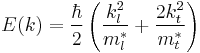  E(k) = \frac{\hbar}{2} \left(\frac{k^2_l}{m^*_l} %2B \frac{2k^2_t}{m^*_t}\right) 