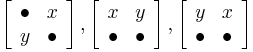 
\left[ {\begin{array}{*{20}{c}}
    \bullet  & x  \\
   y &  \bullet
\end{array}} \right],\left[ {\begin{array}{*{20}{c}}
   x & y  \\
    \bullet  &  \bullet
\end{array}} \right],\left[ {\begin{array}{*{20}{c}}
   y & x  \\
    \bullet  &  \bullet
\end{array}} \right]
