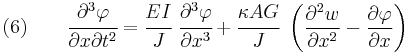 
    (6) \qquad \cfrac{\partial^3\varphi}{\partial x \partial t^2} = \cfrac{EI}{J}~\cfrac{\partial^3 \varphi}{\partial x^3} %2B \cfrac{\kappa AG}{J}~\left(\frac{\partial^2 w}{\partial x^2} - \frac{\partial \varphi}{\partial x}\right)
