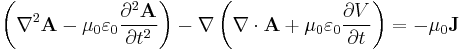 \left ( \nabla^2 \mathbf A - \mu_0 \varepsilon_0 \frac{\partial^2 \mathbf A}{\partial t^2} \right ) - \mathbf \nabla \left ( \mathbf \nabla \cdot \mathbf A %2B \mu_0 \varepsilon_0 \frac{\partial V}{\partial t} \right ) = - \mu_0 \mathbf J