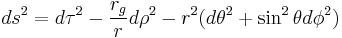 
ds^{2} = d\tau^{2} - \frac{r_{g}}{r} d\rho^{2}
- r^{2}(d\theta^{2} %2B\sin^{2}\theta
d\phi^{2})
