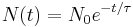 N(t) = N_0 e^{-t/\tau} \,