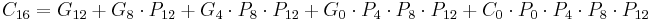 C_{16} = G_{12} %2B G_8 \cdot P_{12} %2B G_4 \cdot P_8 \cdot P_{12} %2B G_0 \cdot P_4 \cdot P_8 \cdot P_{12} %2B C_0 \cdot P_0 \cdot P_4 \cdot P_8 \cdot P_{12}